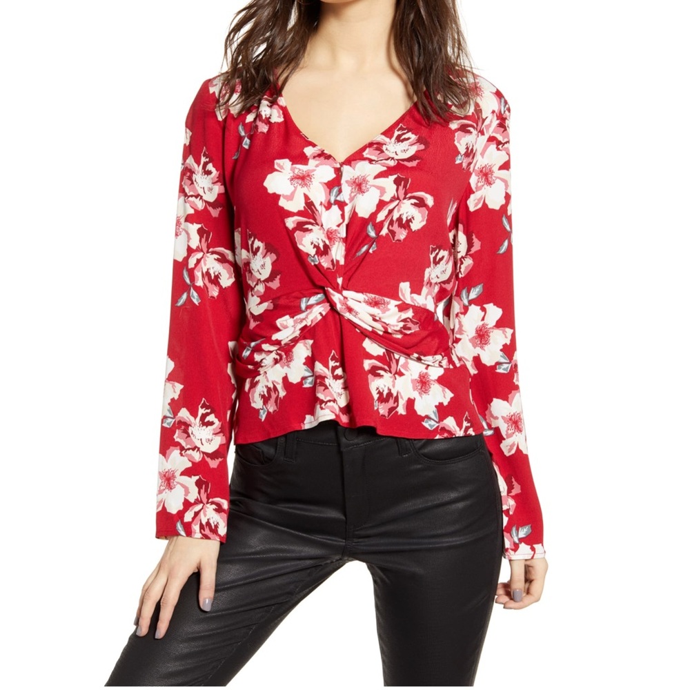 Leith Red Floral Print Long Sleeve Top Size Large